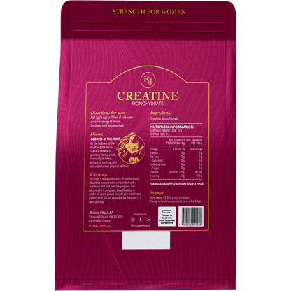 Back of the Ritua Creatine Monohydrate 1kg tub showing nutritional facts, directions, and ingredients on a white label.