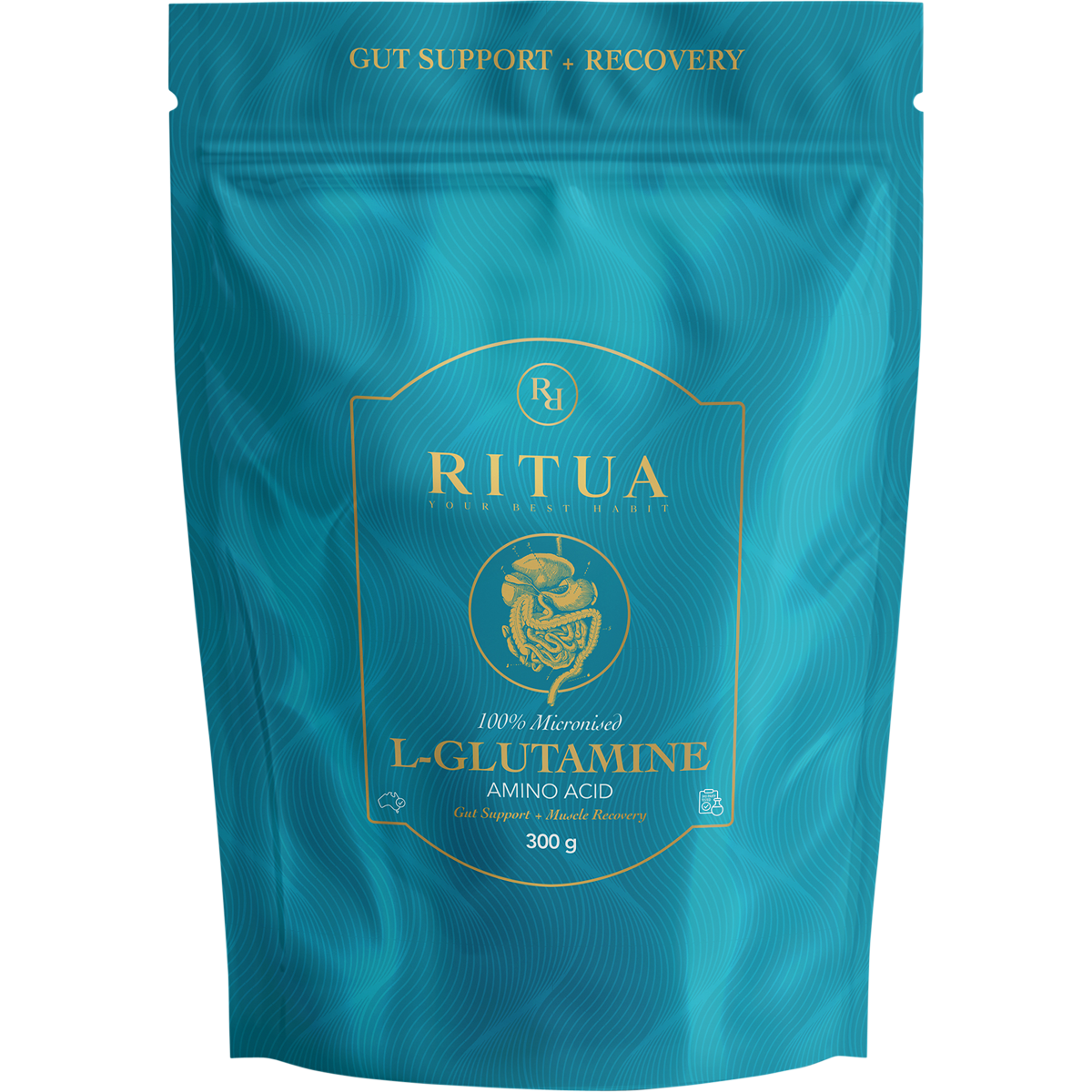 300g tub of Ritua L-Glutamine powder with a minimalist white and blue label and a black screw cap.