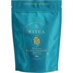 300g tub of Ritua L-Glutamine powder with a minimalist white and blue label and a black screw cap.