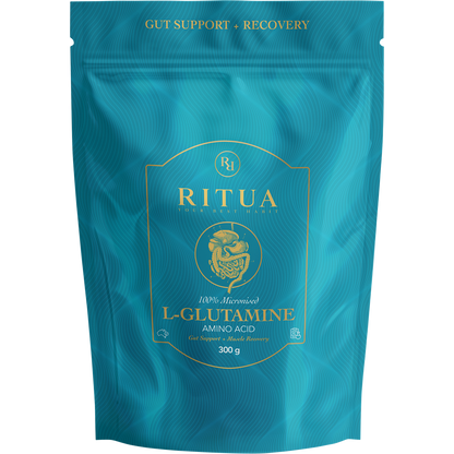 300g tub of Ritua L-Glutamine powder with a minimalist white and blue label and a black screw cap.