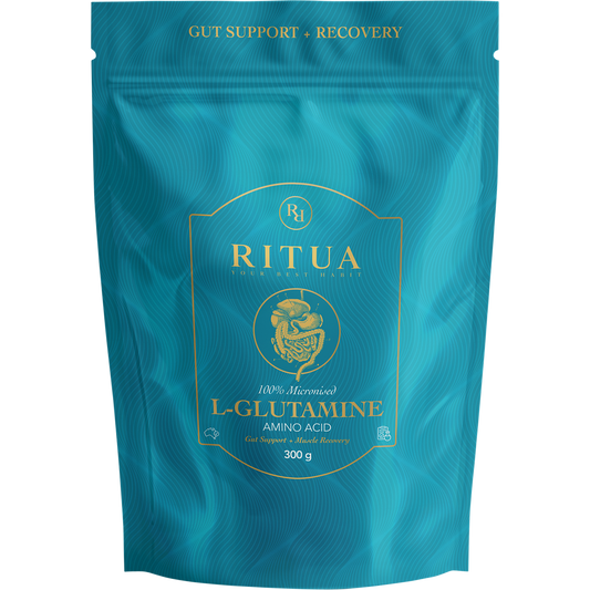 300g tub of Ritua L-Glutamine powder with a minimalist white and blue label and a black screw cap.