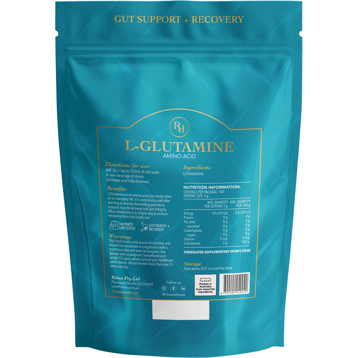 Back of white Ritua L-Glutamine tub with dosage instructions, nutritional panel, and 9309002940040 barcode.