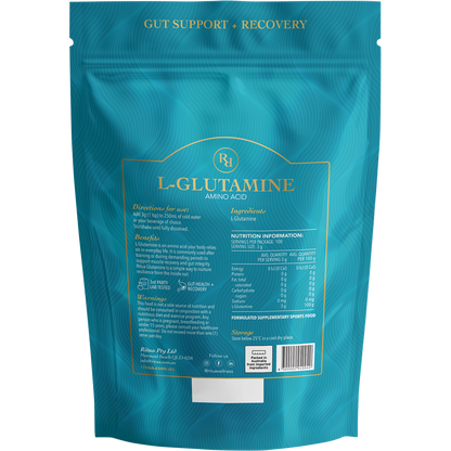 Back of white Ritua L-Glutamine tub with dosage instructions, nutritional panel, and 9309002940040 barcode.