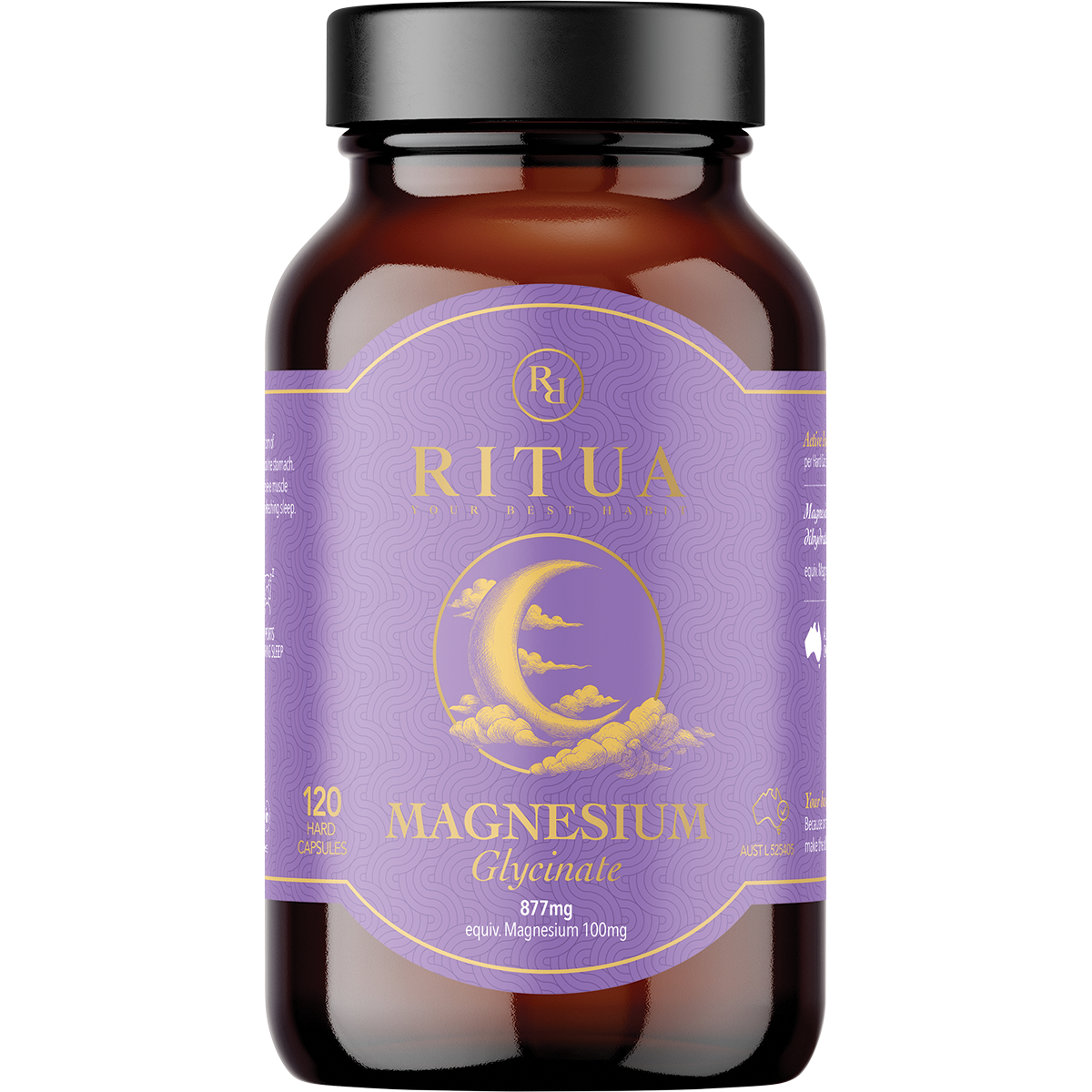 A bottle of Ritua Supplements Magnesium Glycinate, 120 tablets, in an amber glass bottle with a black cap and a purple label featuring gold lettering and a crescent moon graphic.
