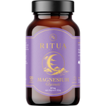 A bottle of Ritua Supplements Magnesium Glycinate, 120 tablets, in an amber glass bottle with a black cap and a purple label featuring gold lettering and a crescent moon graphic.