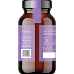 An amber brown supplement bottle with a black cap and a purple label, shown against a plain white background. The label includes product details for Magnesium Glycinate by Rina Fry Lab.