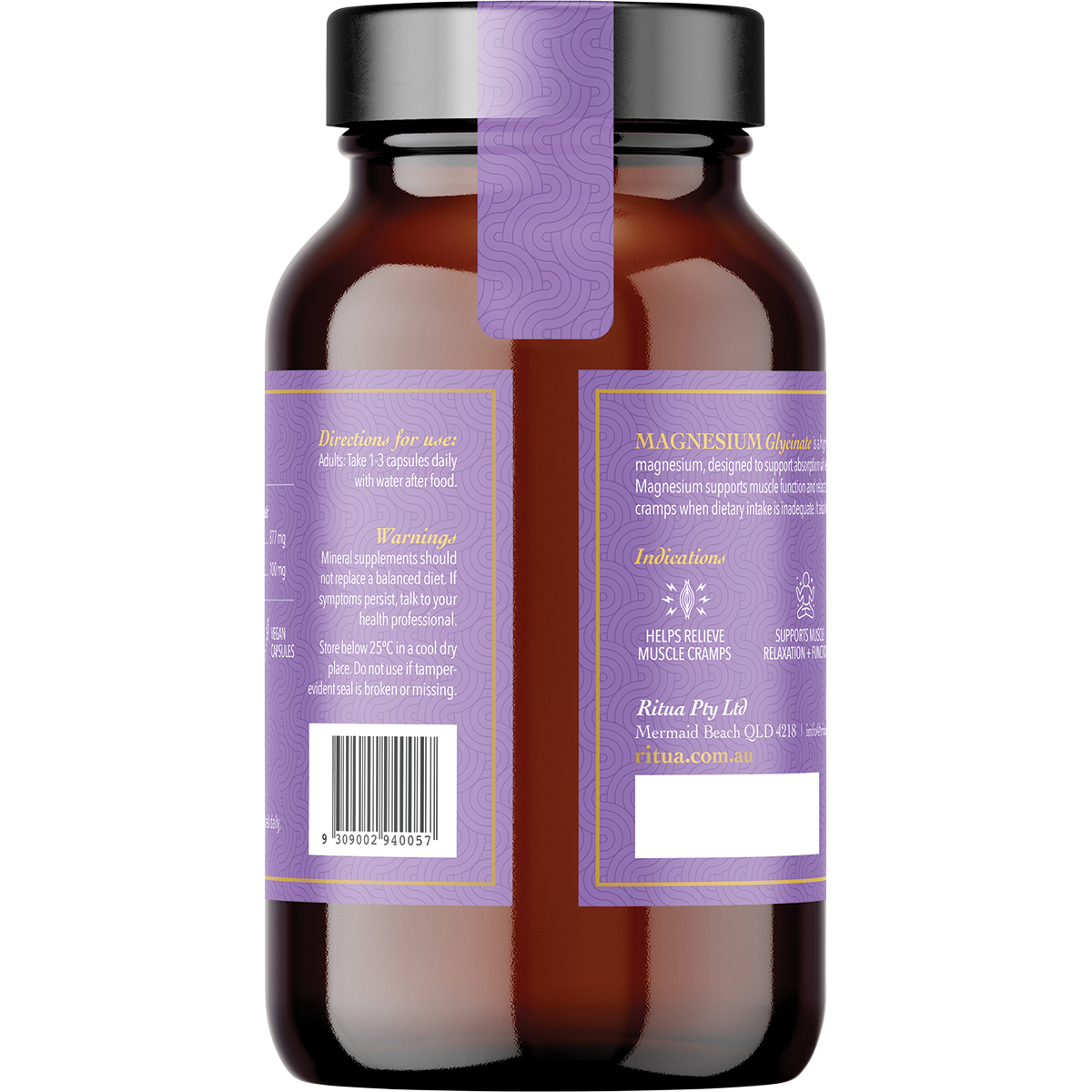 An amber brown supplement bottle with a black cap and a purple label, shown against a plain white background. The label includes product details for Magnesium Glycinate by Rina Fry Lab.