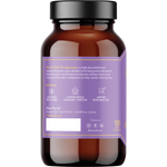 An amber brown supplement bottle with a black cap, showing the back label. The label is lavender purple with gold text and icons for Magnesium Glycinate, with Rose Hip 100 and the brand name 'Rise Hip' visible.