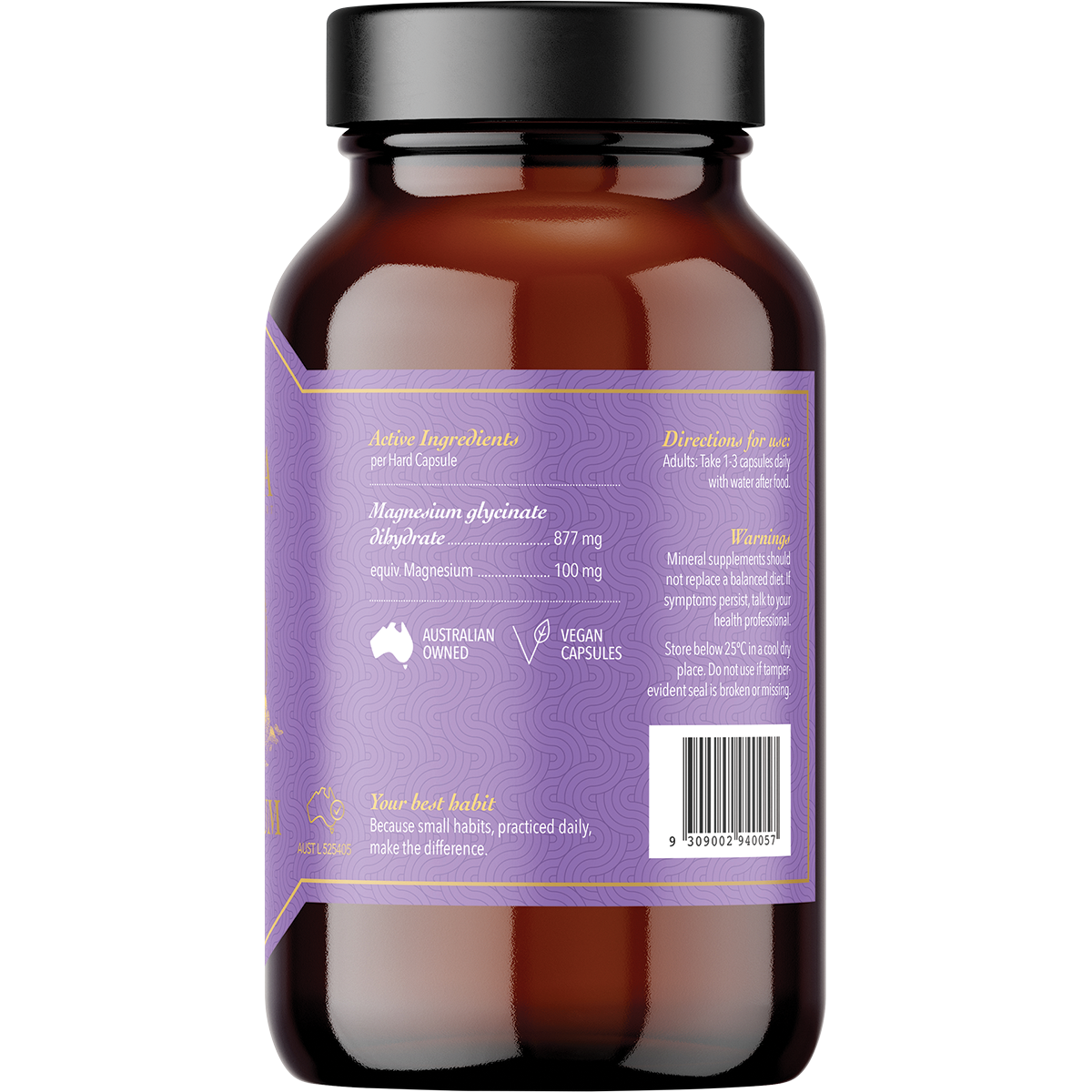 An amber glass supplement bottle with a black cap, showing the back of the label which is lavender purple with gold text and icons. The label includes text for 'Magnesium glycinate' and a barcode.