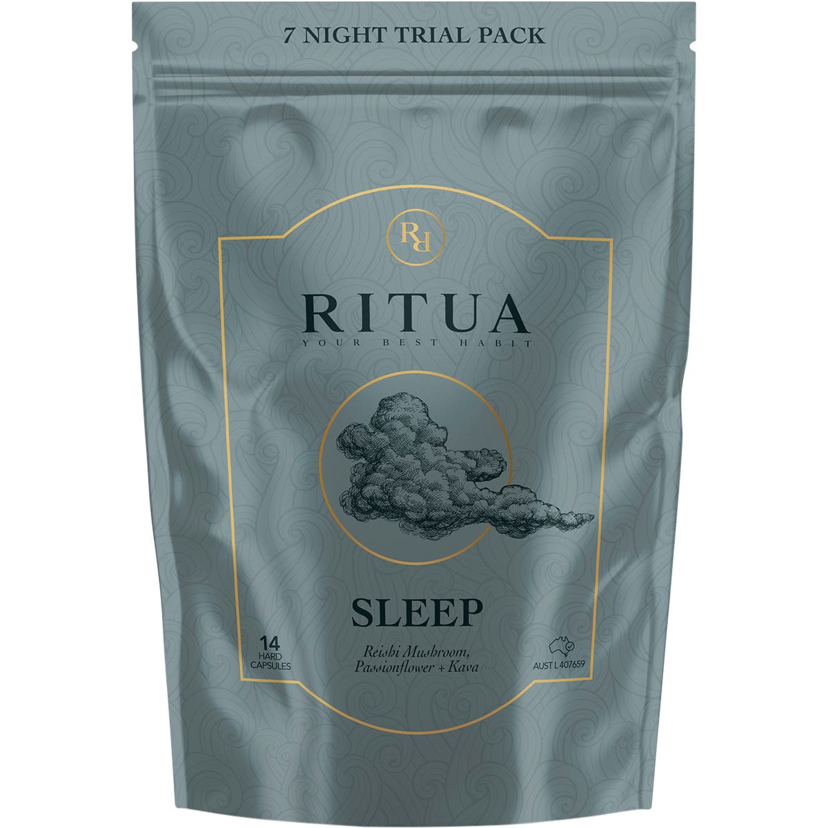 Ritua SLEEP Trial Pack with 14 capsules of Reishi Mushroom, Passionflower, and Kava for a 7-day supply.