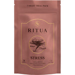 White tub of Ritua Stress 7 Day capsules featuring saffron, ashwagandha, lemon balm, and reishi.
