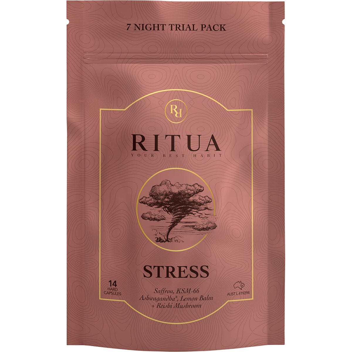 White tub of Ritua Stress 7 Day capsules featuring saffron, ashwagandha, lemon balm, and reishi.