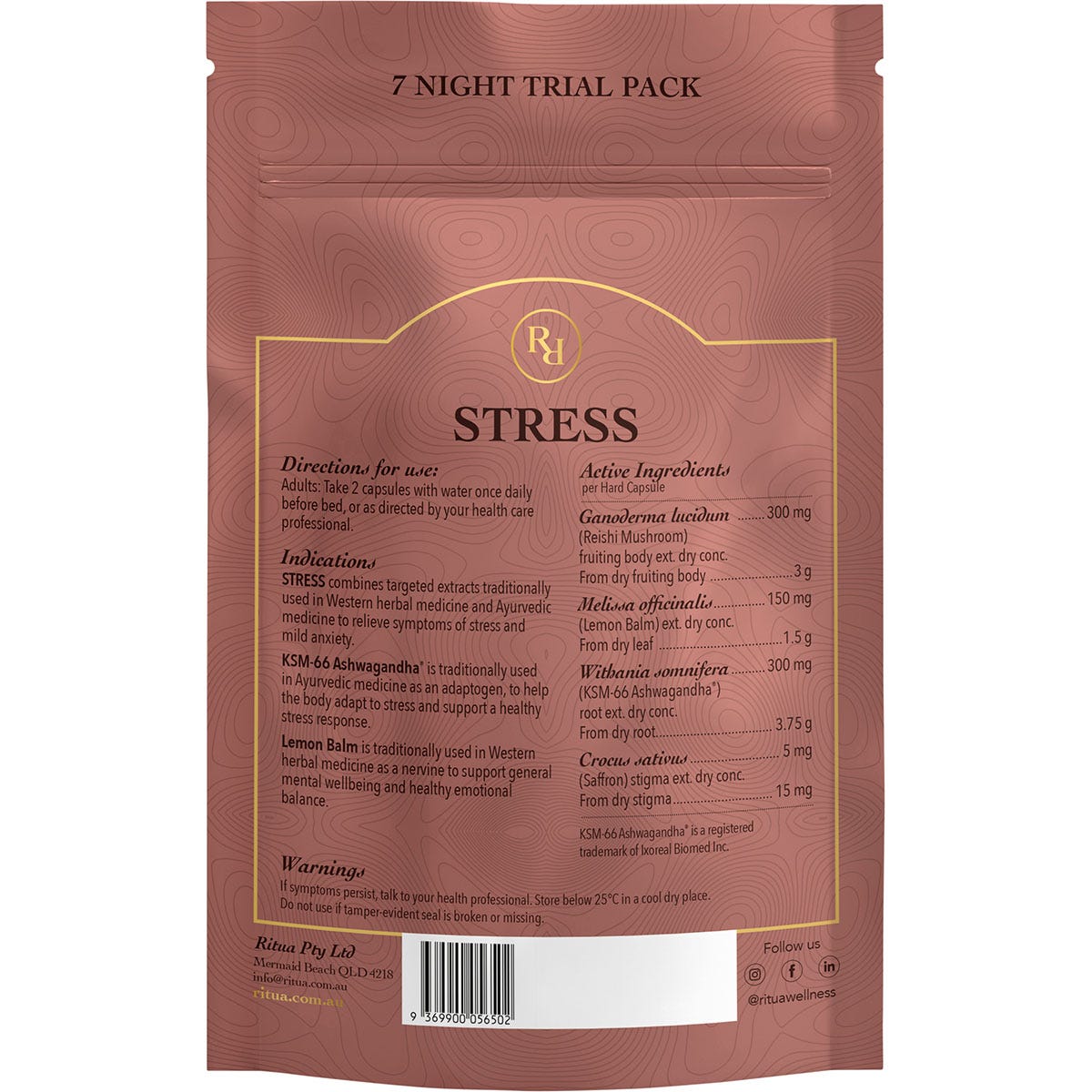 Back of Ritua Stress 7 Day tub showing directions, ingredients, and warnings on a white background.