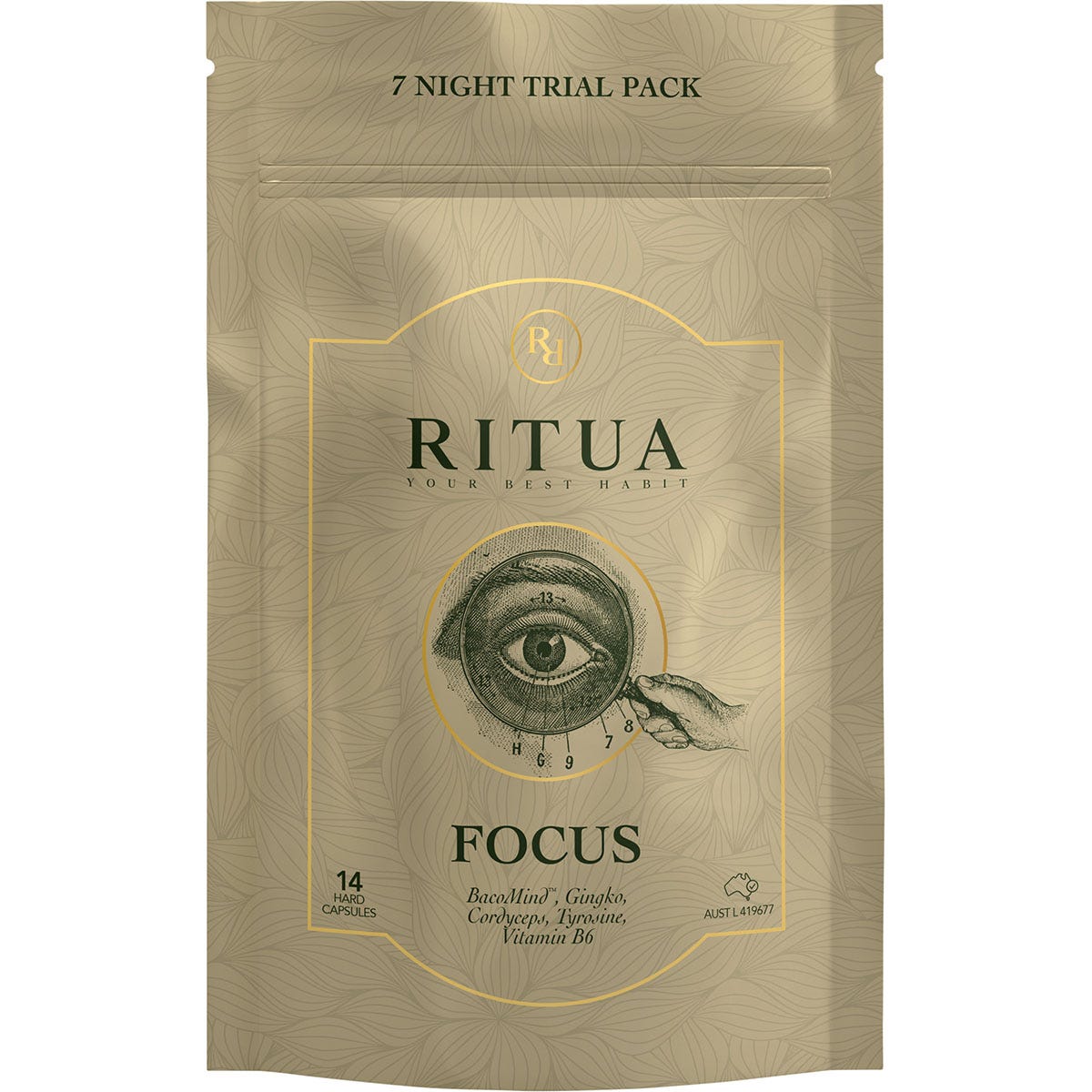 14-capsule trial pack of Ritua Focus supplements for mental clarity and cognitive performance.