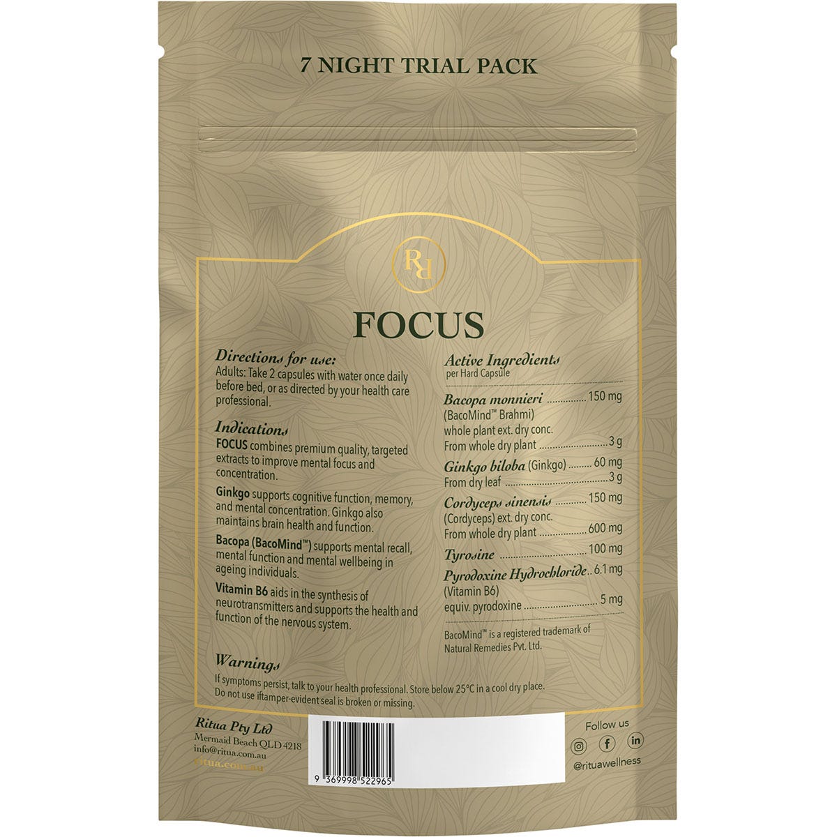 Back of the Ritua Focus 14-capsule trial pack showing the ingredients list and nutritional information.