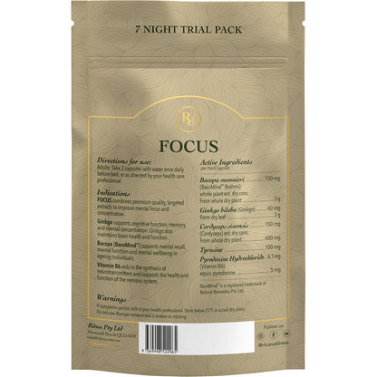 Ritua FOCUS 7 Day BacoMind Ginko Cordyceps Tyrosine B6 14 Caps