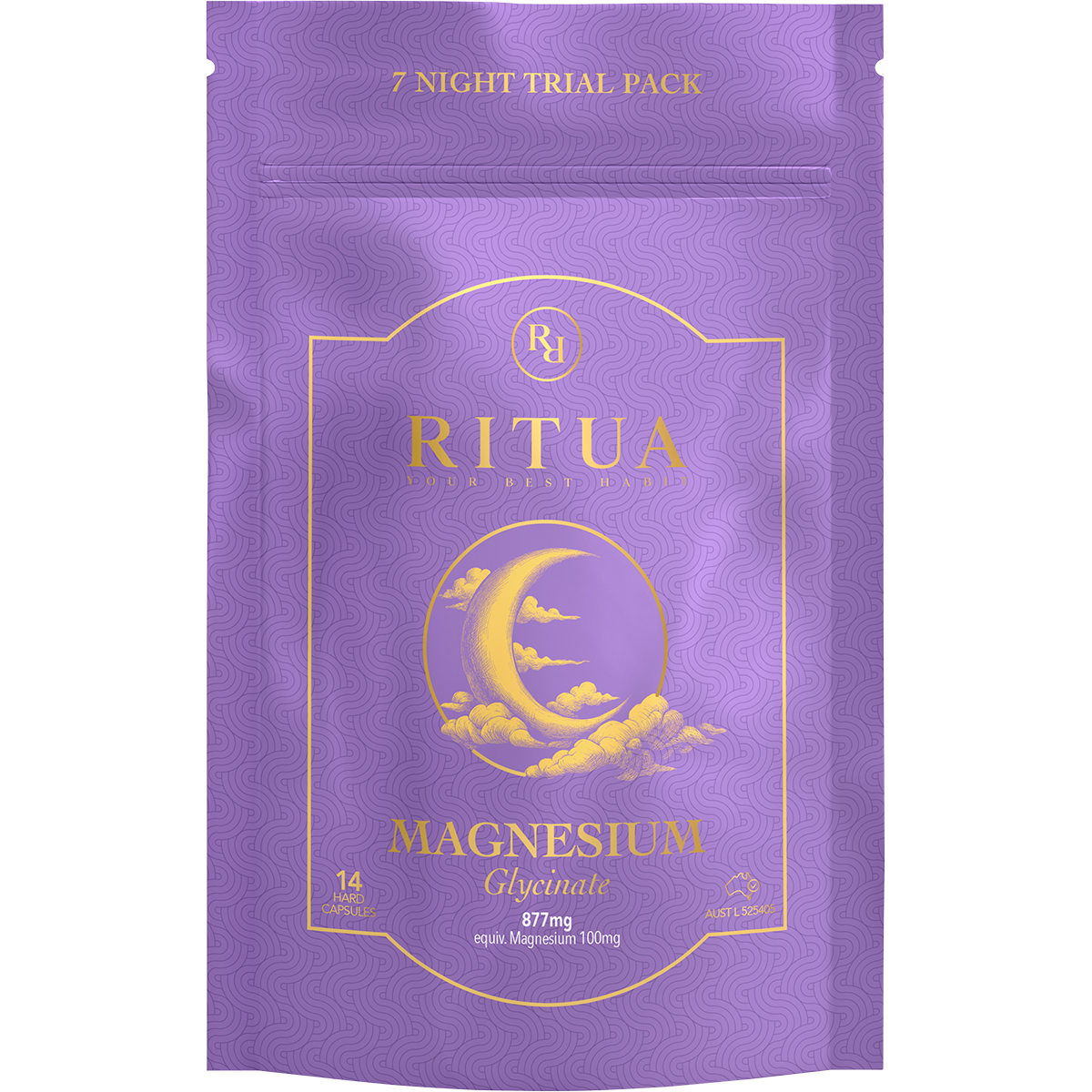 A purple stand-up pouch of Ritua Magnesium Glycinate with gold lettering and a crescent moon graphic, labeled as a 7 night trial pack.