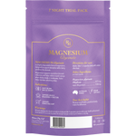 Purple resealable pouch of Magnesium Glycinate supplement, showing the back side with product details, ingredients, and a barcode on a white background.