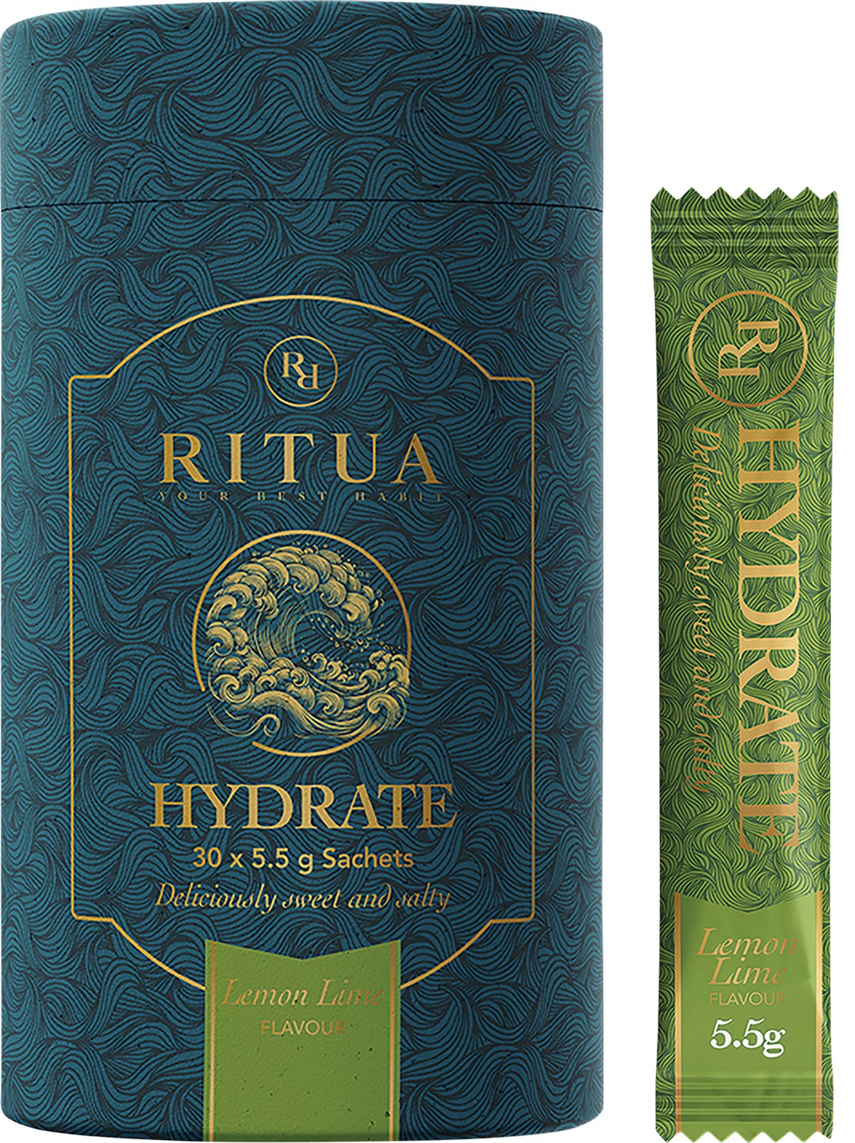 Ritua HYDRATE Lemon Lime 30-pack box with individual 5.5g electrolyte sachets on a clean white background.