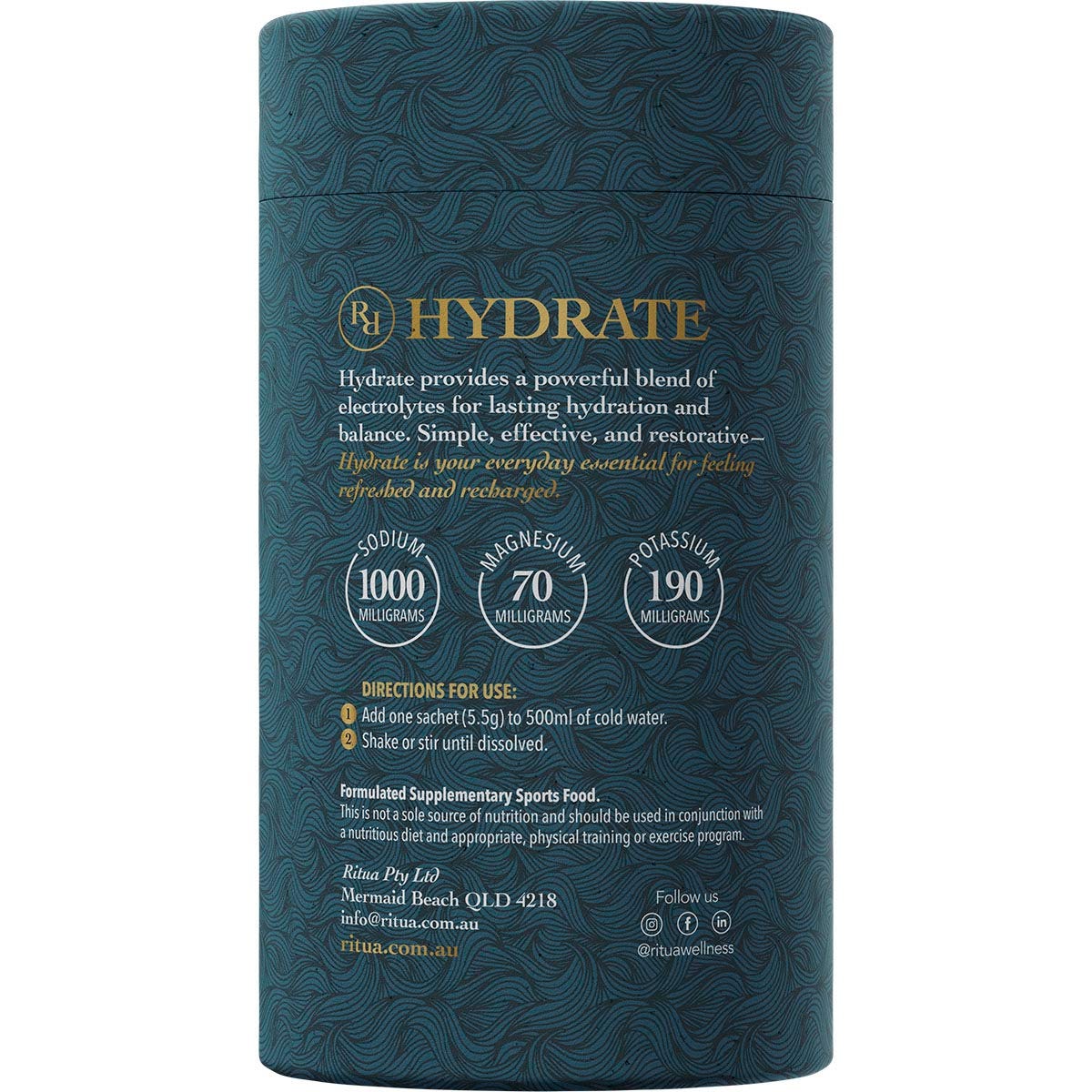 Left side of a Ritua HYDRATE Lemon Lime 30-pack box showing directions for use and a 100% natural label.