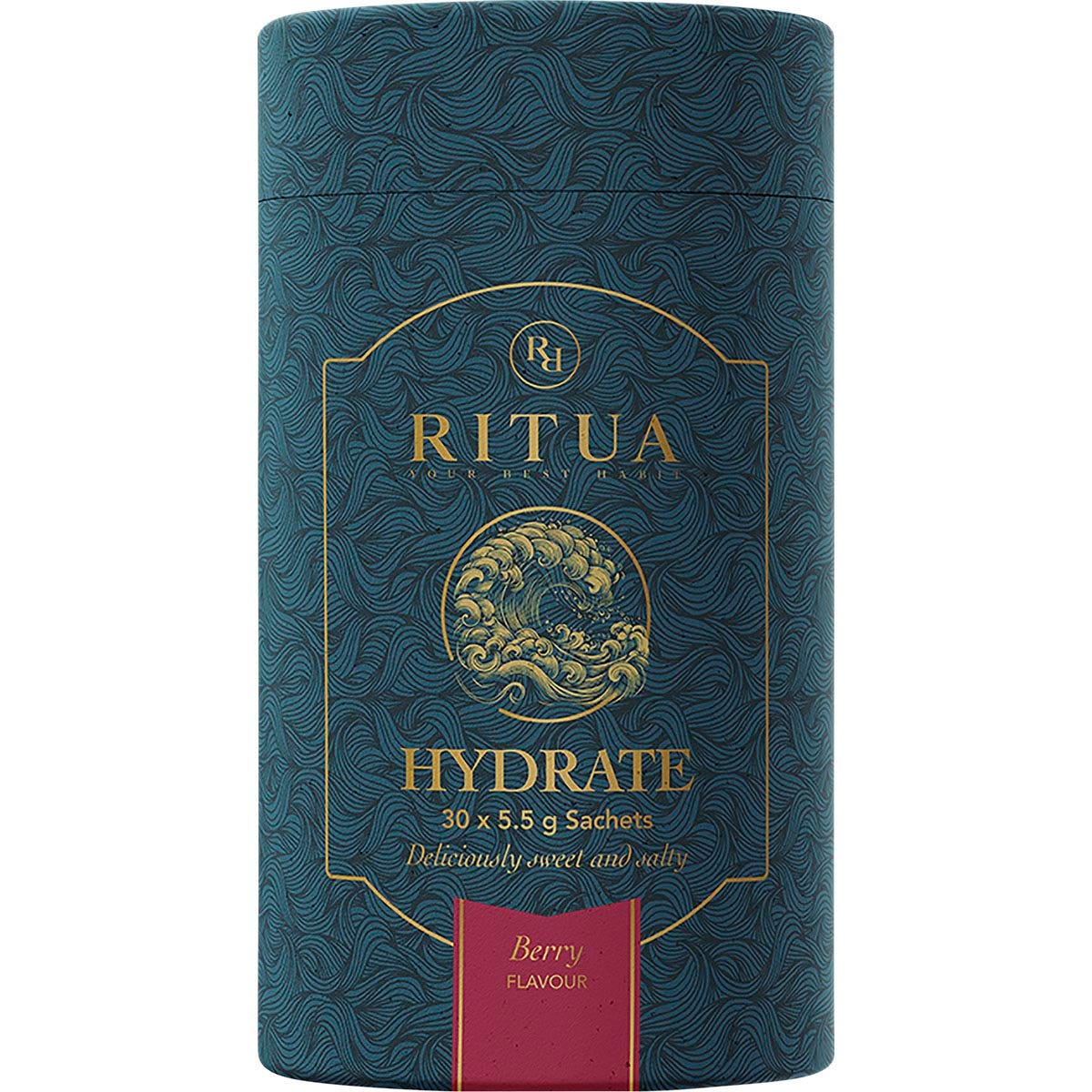 Single Ritua Hydrate Berry electrolyte sachet in a pink and white wrapper on a plain white background.