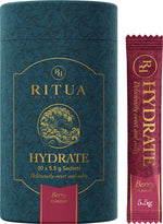 Ritua Hydrate Berry 30-pack box and single electrolyte sachet with 1000mg sodium and Australian sea salt.