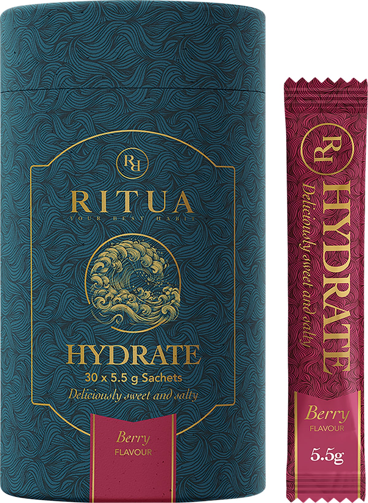 Ritua Hydrate Berry 30-pack box and single electrolyte sachet with 1000mg sodium and Australian sea salt.