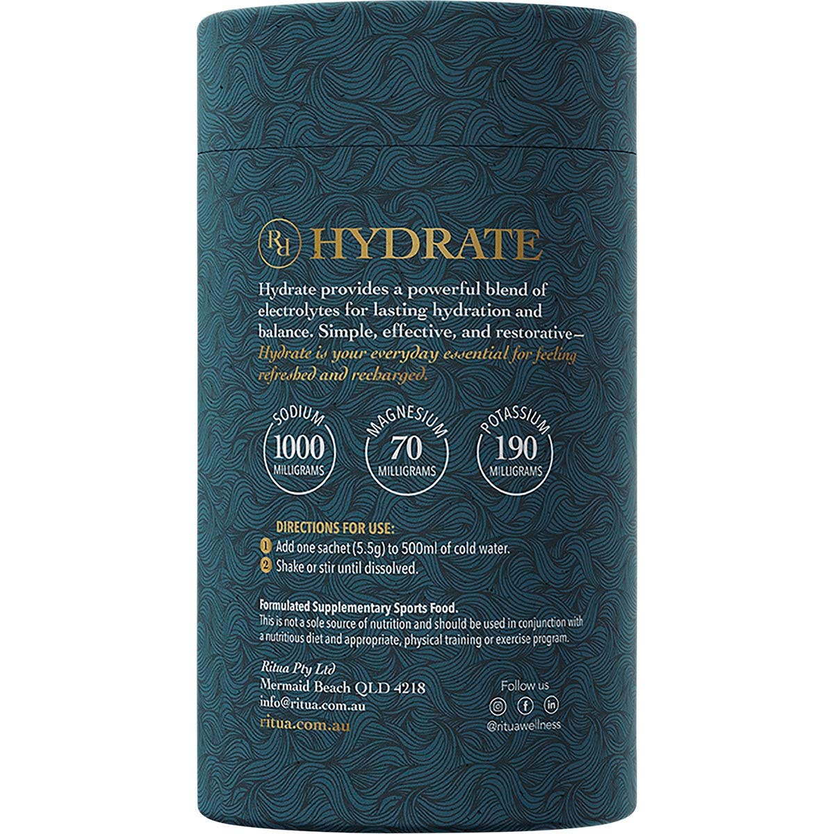 Side view of a Ritua Hydrate Berry 30-pack box highlighting product benefits and its all-natural, vegan formula.
