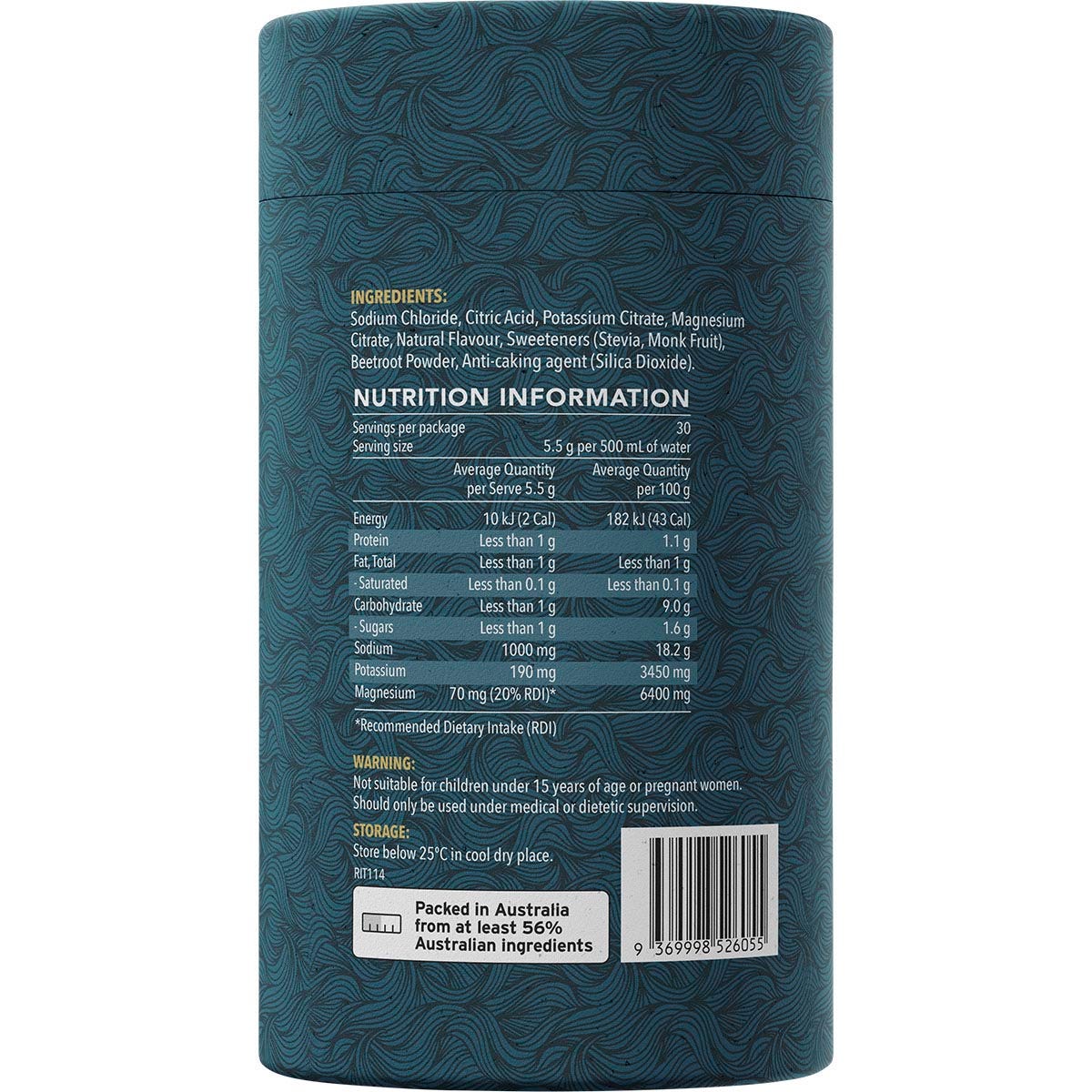 Side view of a Ritua Hydrate Berry 30-pack box showing directions for use and 1000mg sodium per serve.