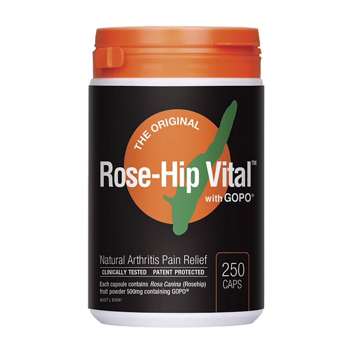 Rose-Hip Vital Arthritis Pain Relief 250 Capsules white bottle with a yellow and green label on a white background.