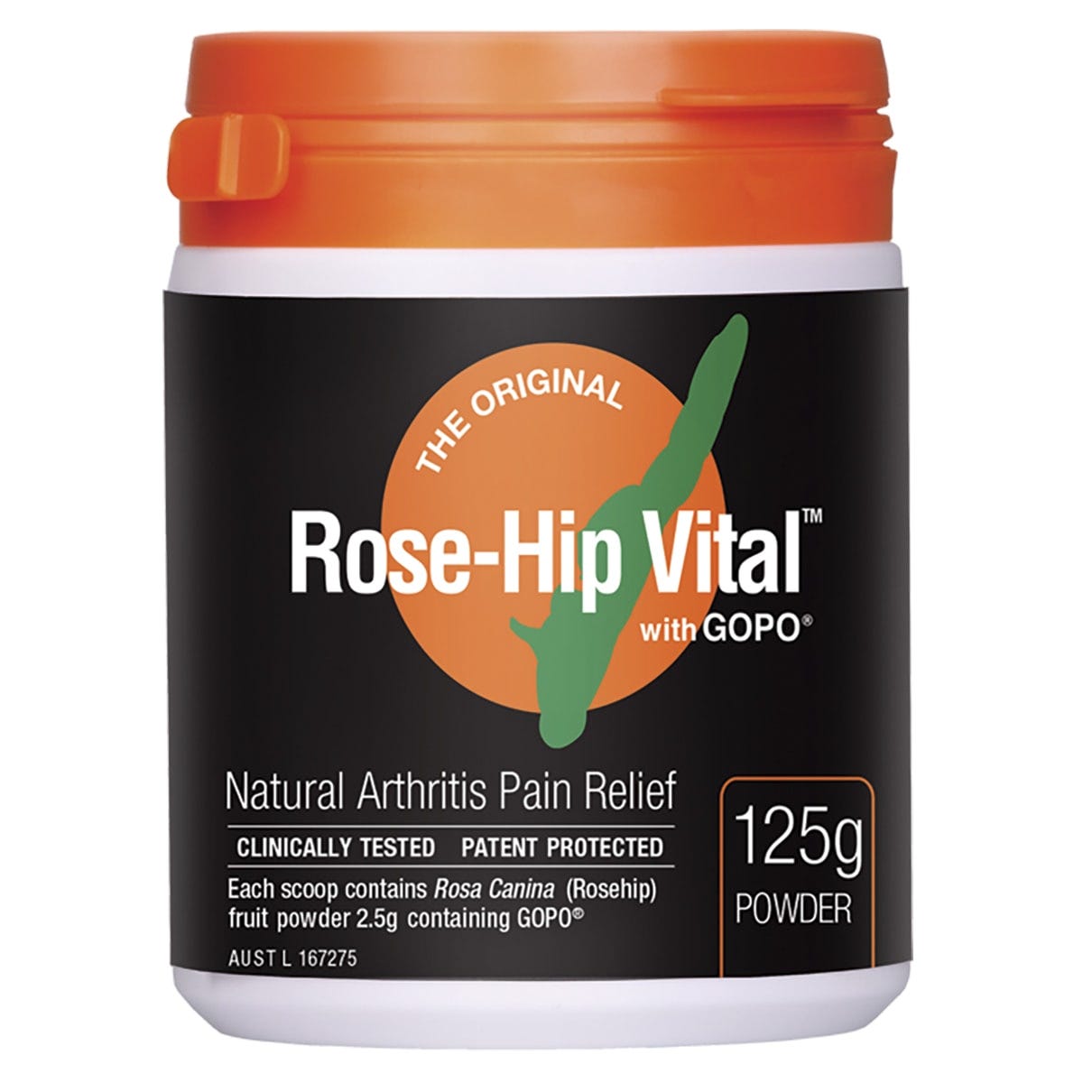 125g tub of Rose-Hip Vital Arthritis Pain Relief Powder with orange and white labeling on a white background.