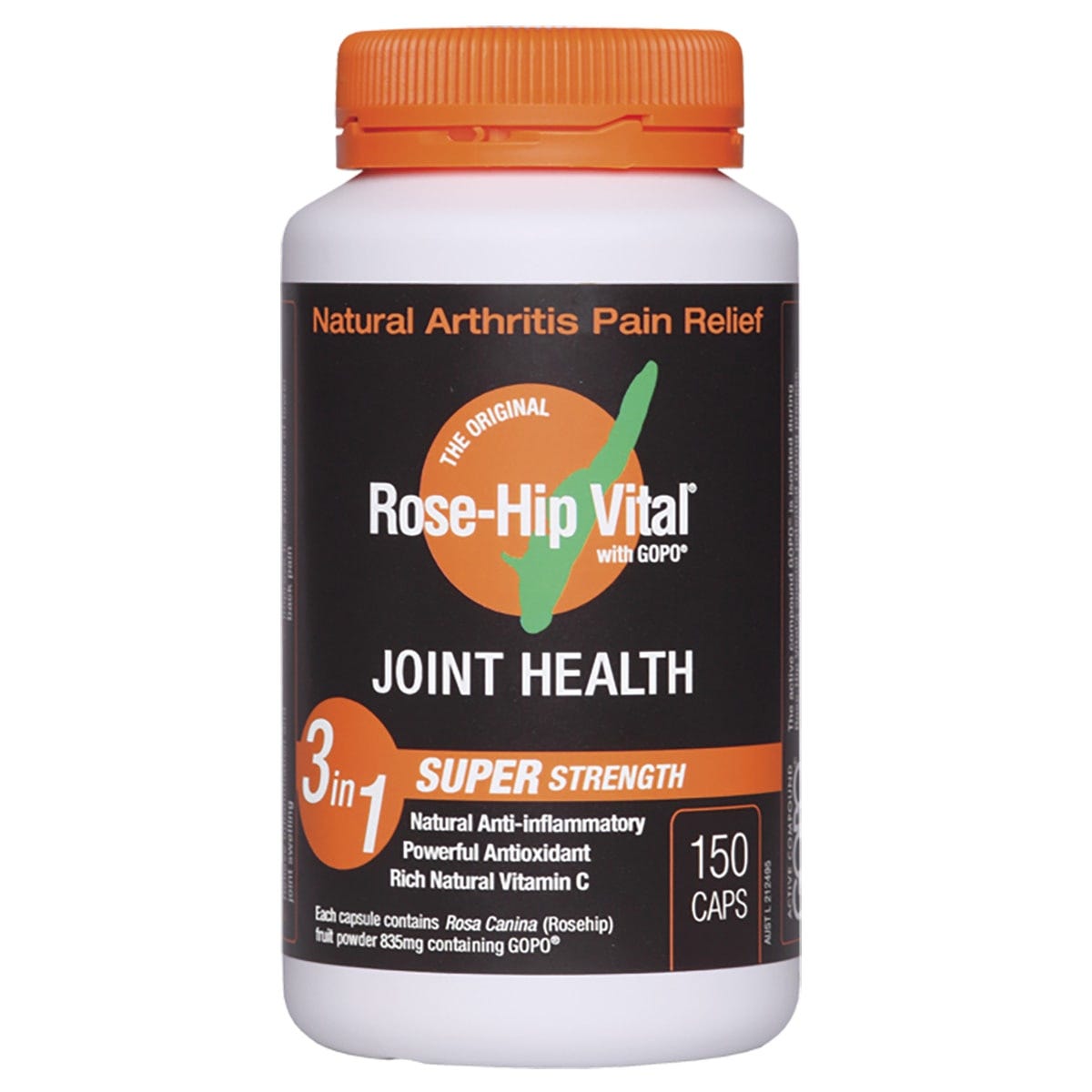 Rose-Hip Vital Arthritis Pain Relief 150 capsules in a white bottle with an orange and green label.