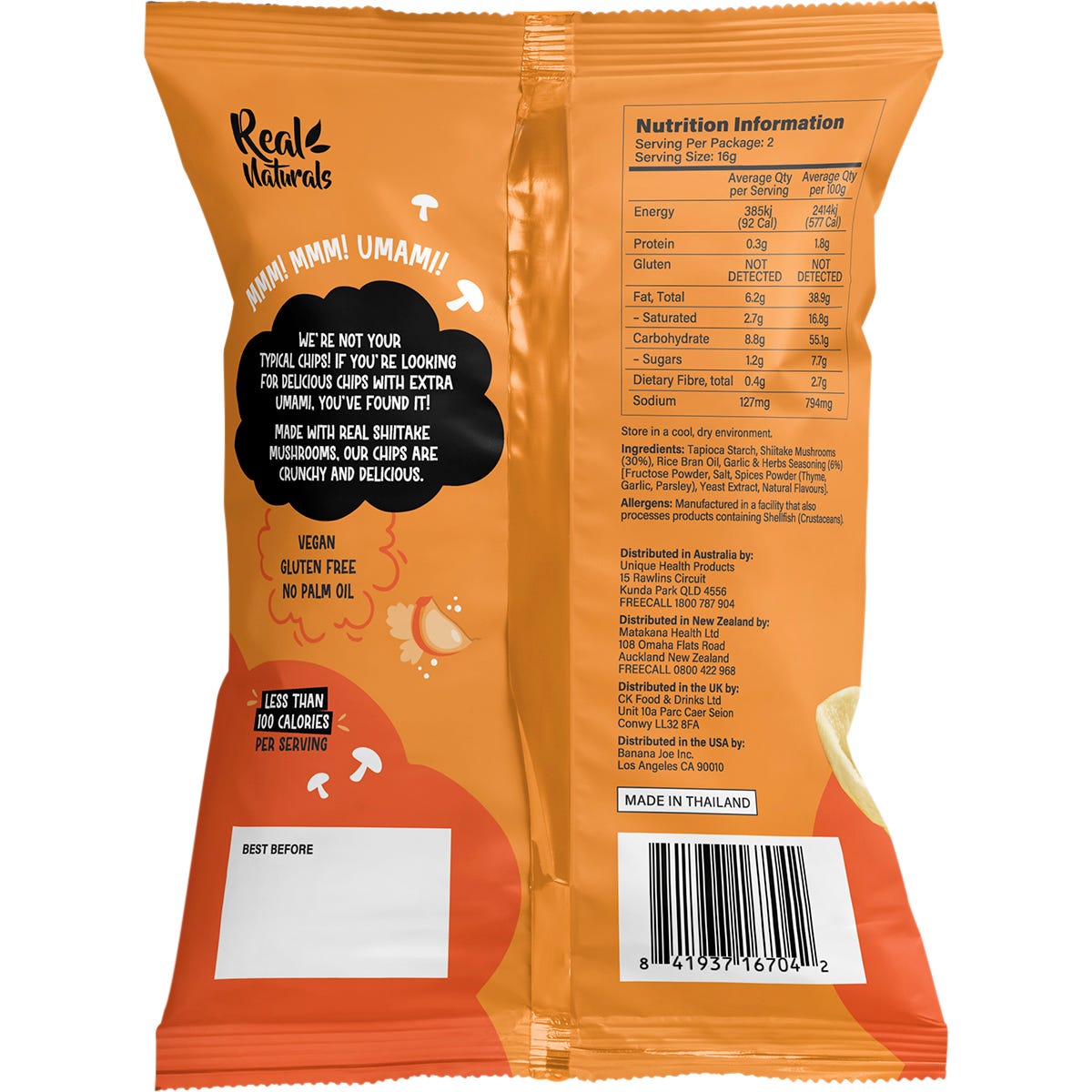 Real Naturals Garlic and Herb Shiitake Mushroom Chips 32g bag with real mushroom and herb illustrations.