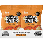 Detailed view of crunchy Real Naturals Garlic and Herb Shiitake Mushroom Chips on a white background.