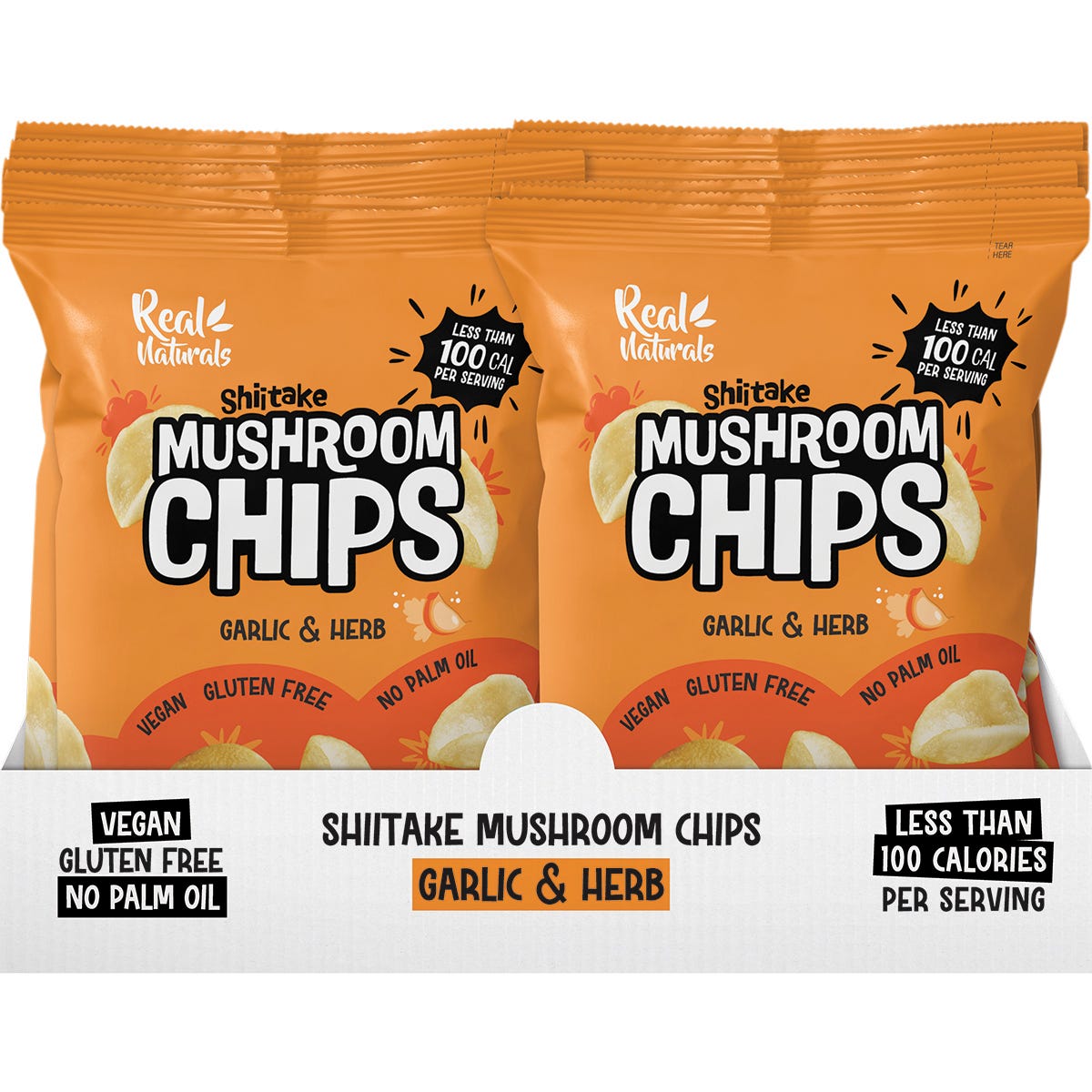 Detailed view of crunchy Real Naturals Garlic and Herb Shiitake Mushroom Chips on a white background.
