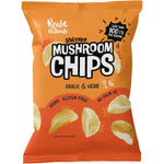 Real Naturals Shiitake Mushroom Chips Garlic & Herb 32g pack featuring real mushrooms, herbs, and garlic illustrations.