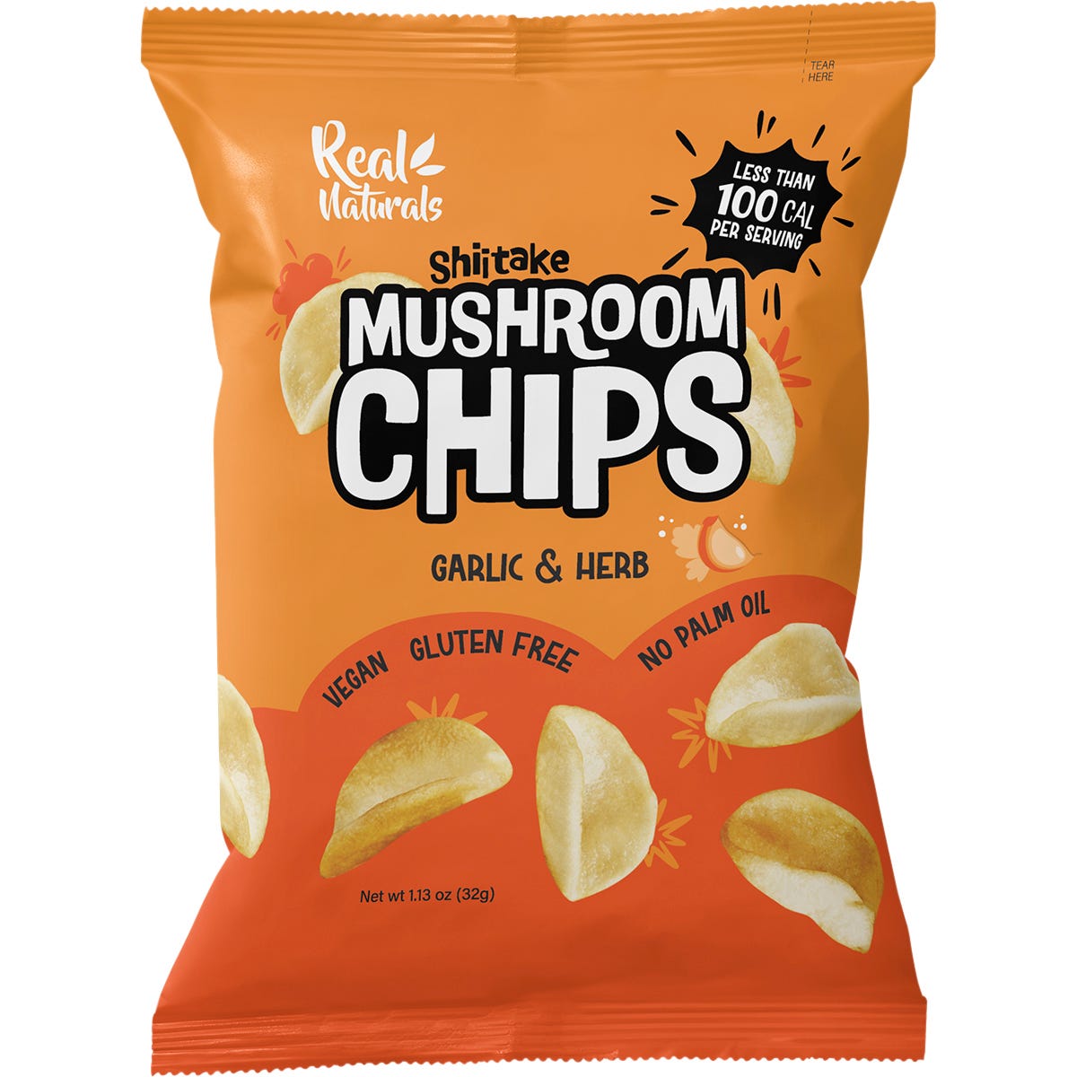 Real Naturals Shiitake Mushroom Chips Garlic & Herb 32g pack featuring real mushrooms, herbs, and garlic illustrations.