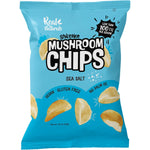 Real Naturals Shiitake Mushroom Chips Sea Salt 32g pack showing crunchy mushroom crisps and a "Sea Salt" label.