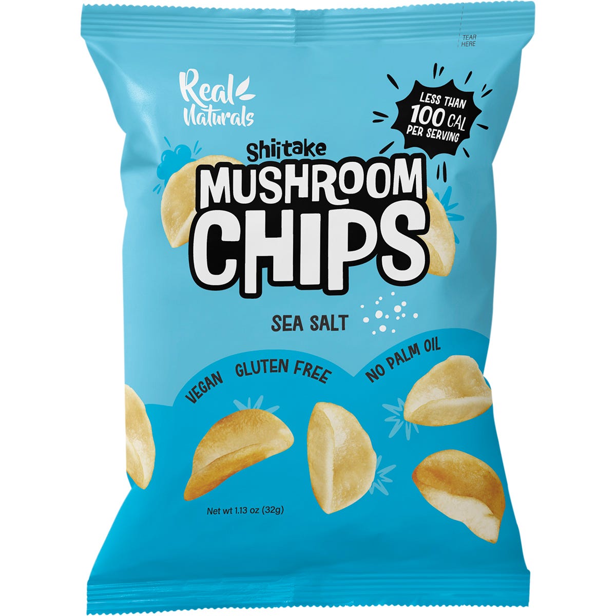 Real Naturals Shiitake Mushroom Chips Sea Salt 32g pack showing crunchy mushroom crisps and a "Sea Salt" label.
