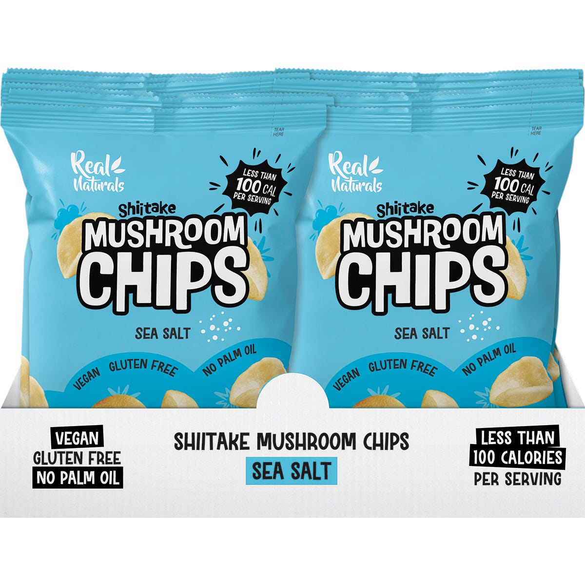 Back of Real Naturals Sea Salt Shiitake Mushroom Chips 32g bag with nutrition facts, ingredients, and product features.