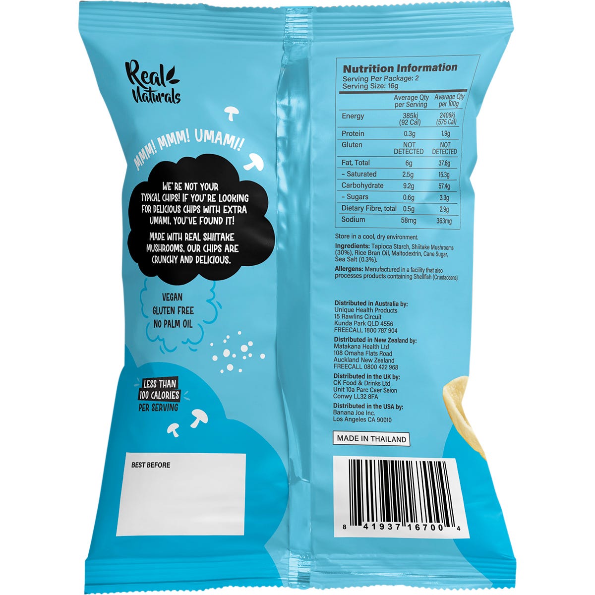 Real Naturals Sea Salt Shiitake Mushroom Chips 32g bag with crunchy mushroom crisps shown on the packaging.