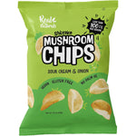 12-pack of Real Naturals Shiitake Mushroom Chips in Sour Cream & Onion flavor, 32g bags on a white background.