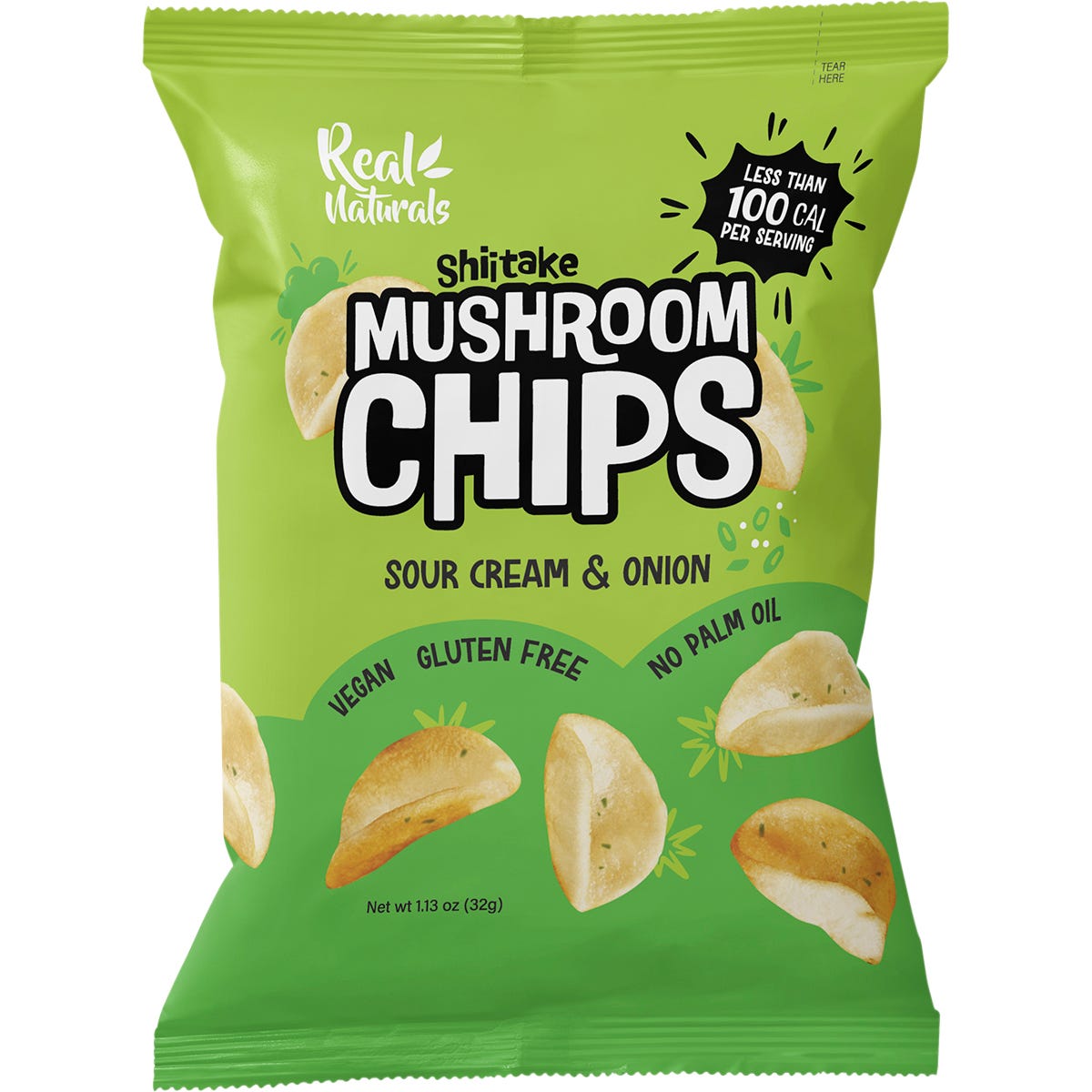 12-pack of Real Naturals Shiitake Mushroom Chips in Sour Cream & Onion flavor, 32g bags on a white background.