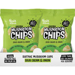 Back of Real Naturals Shiitake Mushroom Chips 32g bag with nutrition facts, ingredients, and product information.