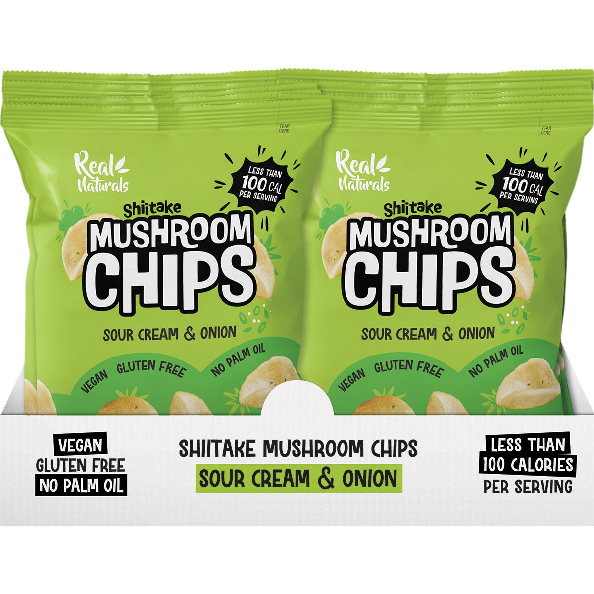 Back of Real Naturals Shiitake Mushroom Chips 32g bag with nutrition facts, ingredients, and product information.
