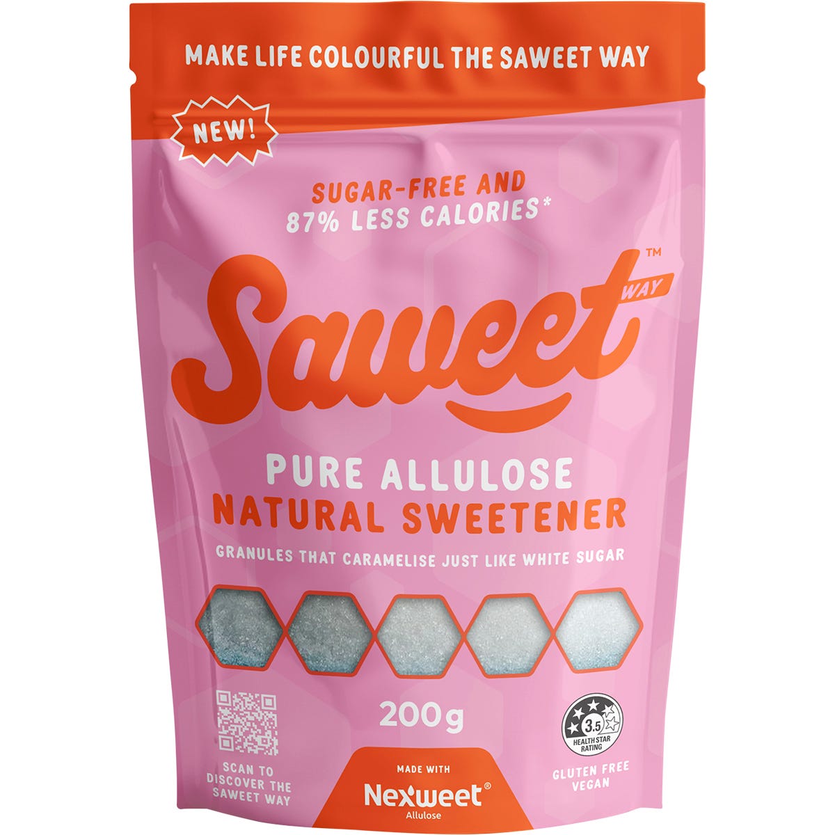 200g tub of Saweet Way Pure Allulose Natural Sweetener Granules with a blue and white label on a white background.