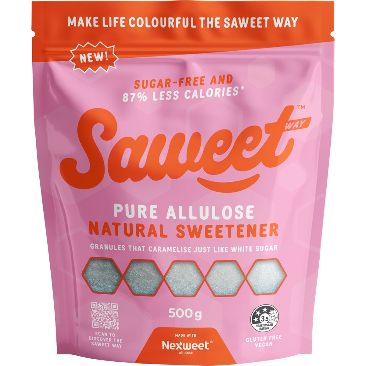 500g pouch of Saweet Way Pure Allulose Natural Sweetener Granules with a gold and white label on a white background.