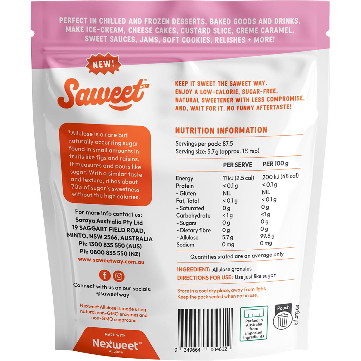 Back of Saweet Way Pure Allulose 500g pouch featuring nutrition facts and product benefits on a white background.