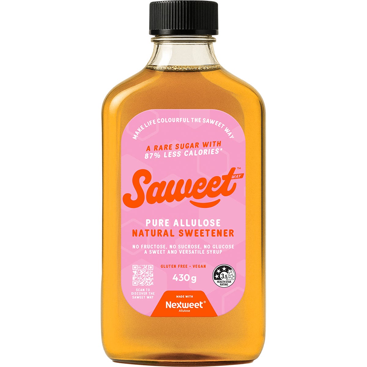 430g bottle of Saweet Way Pure Allulose Natural Sweetener Syrup with a blue and white label on a white background.