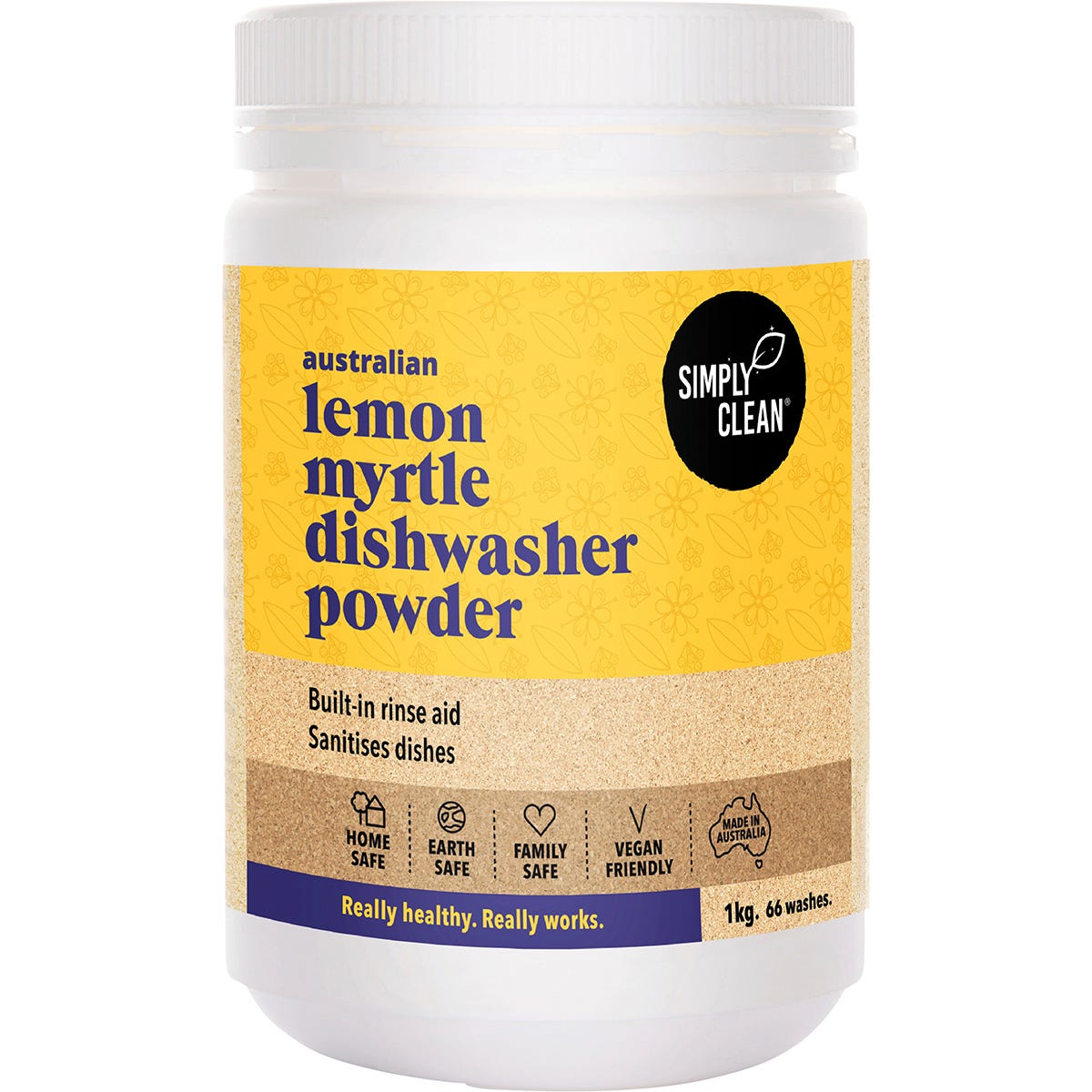 1kg tub of Simply Clean Lemon Myrtle Dishwasher Powder with a white container and green and yellow label.